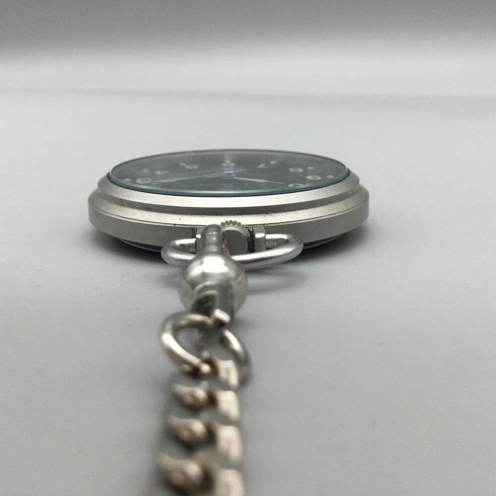 Vintage L.L.Bean Pocket Watch Men 42.6mm Black Military Dial Chain New Battery